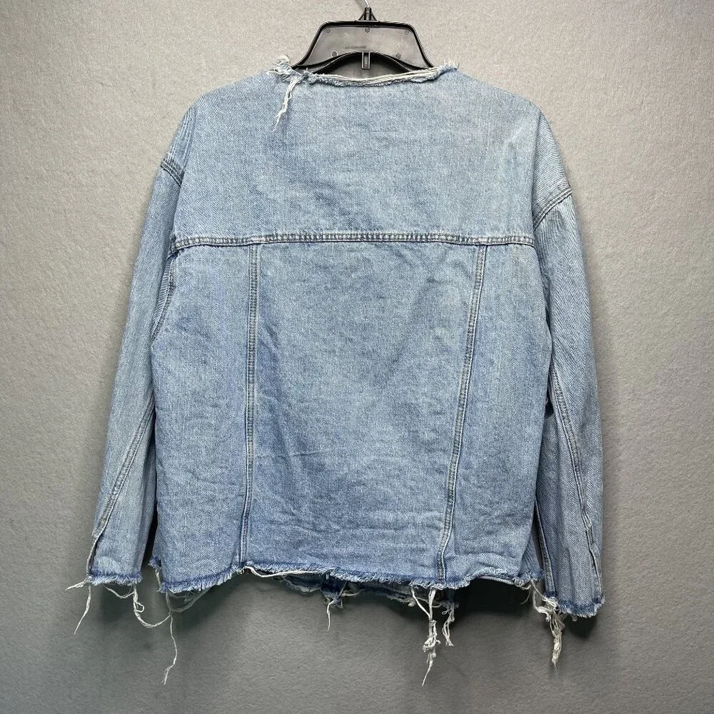 Zara TRF Authentic Denim Oversized Collarless Distressed Jean Jacket Multi - Picture 4 of 7